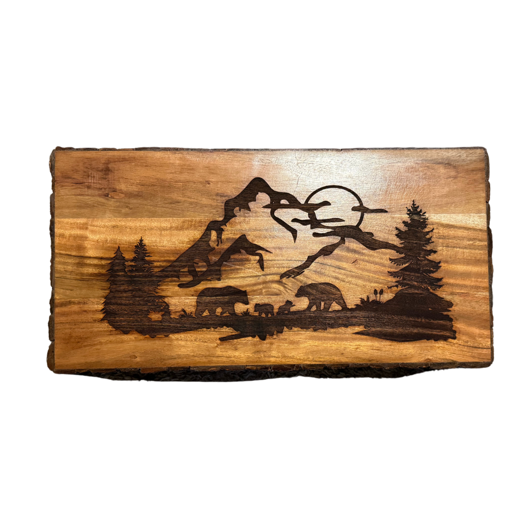 Bear Family in Mountains Live-edged Footed Board