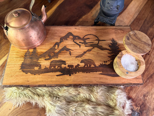 Bear Family in Mountains Live-edged Footed Board