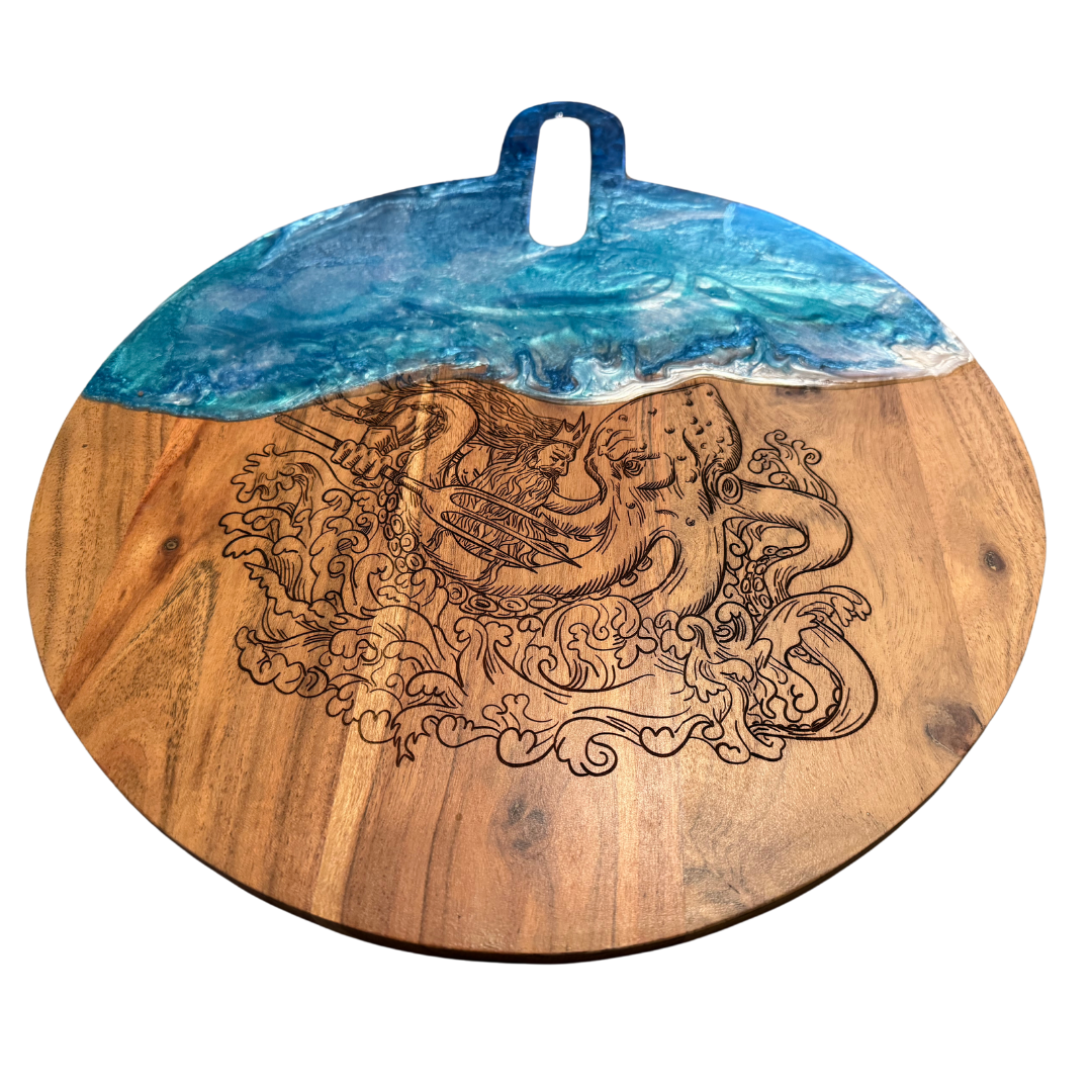 Ocean Resin Engraved Circle Board Neptune Fighting Kraken