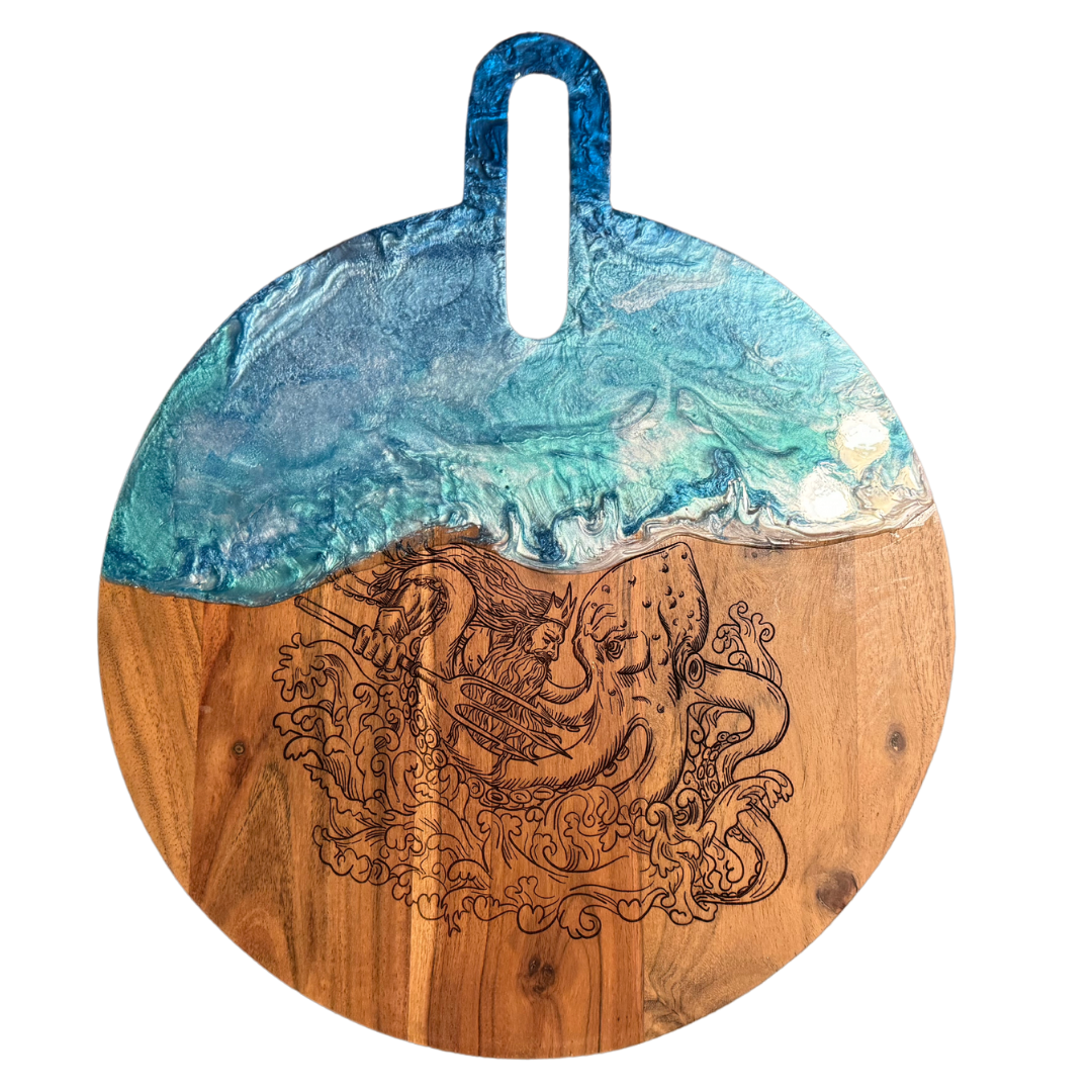 Ocean Resin Engraved Circle Board Neptune Fighting Kraken