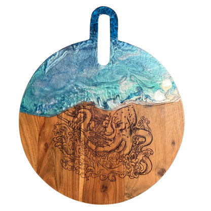 Ocean Resin Engraved Circle Board Neptune Fighting Kraken